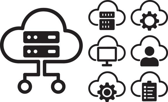 Cloud computing icons server data storage network gear user checklist. vector