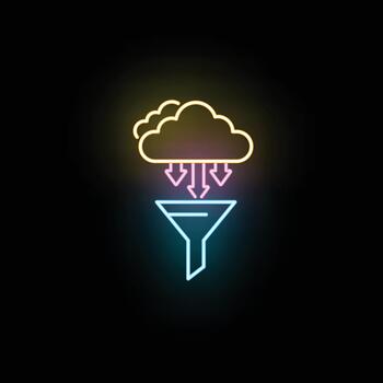 nube informática datos filtración y Procesando neón icono vector