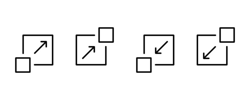 Maximize and minimize screen buttons outline icons set. Extend, widen, develop, increase, and scale icon. Decrease narrow icon vector