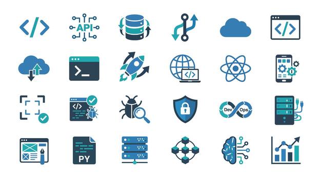 software desarrollo interfaz elementos incluso codificación soportes api integración nube informática devops ciclo la seguridad cibernética proteger servidor infraestructura y artificial inteligencia vector