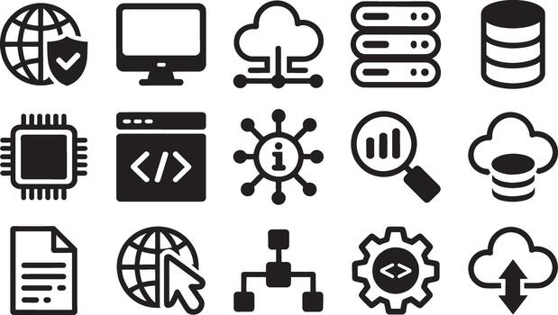 Global network computer cloud server processor code data analysis icon set. vector