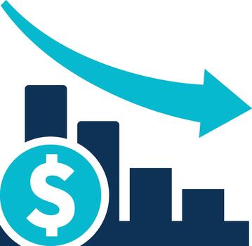financiero gastos disminución icono con dólar moneda y hacia abajo flecha bar gráfico vector