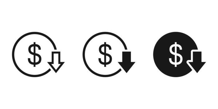 costo reducción icono . costo ahorros icono. dólar disminución signo. costo símbolo dólar disminución icono, dinero, dólar firmar vector