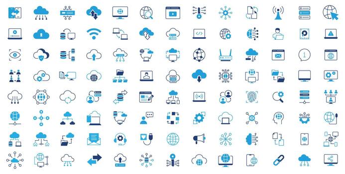 información tecnología sólido icono colocar. red, web diseño, software, sitio web, datos, computadora, progreso, programación, Internet, icono colección colocar. vector