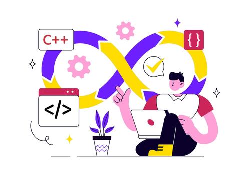 devops ilustración presentando nube infraestructura, continuo integración, continuo despliegue, software desarrollo, código colaboración, y ágil flujo de trabajo vector