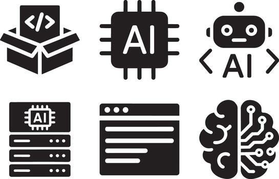 artificial inteligencia y software desarrollo sólido icono conjunto vector