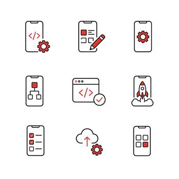 Mobile app development line, modern coding symbols for software development interface. vector