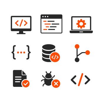 programación código símbolos, negro naranja línea para software desarrollo y codificación interfaz. vector