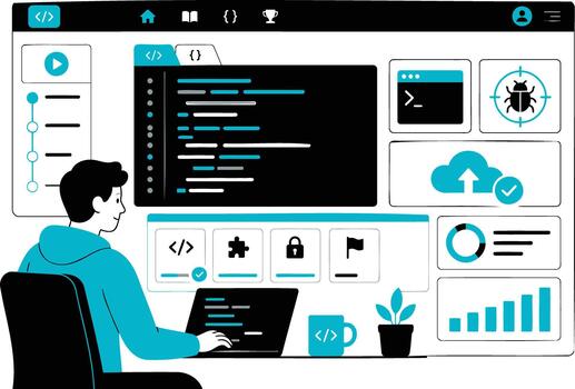 Software developer coding dashboard UI interface with cloud tools flat design vector