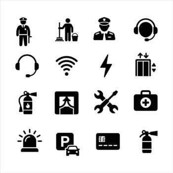 Facility management solid icon set vector