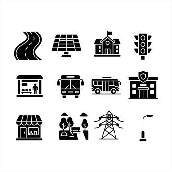 Public infrastructure solid icon set vector