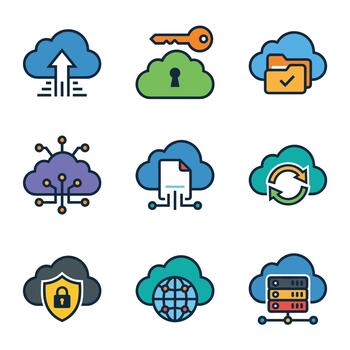 nube informática y datos seguridad plano línea icono conjunto vector