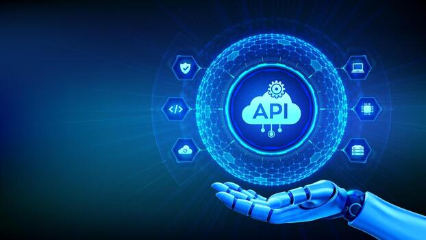 api solicitud programación interfaz tecnología concepto con hexagonal cuadrícula esfera, nube icono en robótico mano. software integración, nube informática, datos intercambio, web servicios. vector