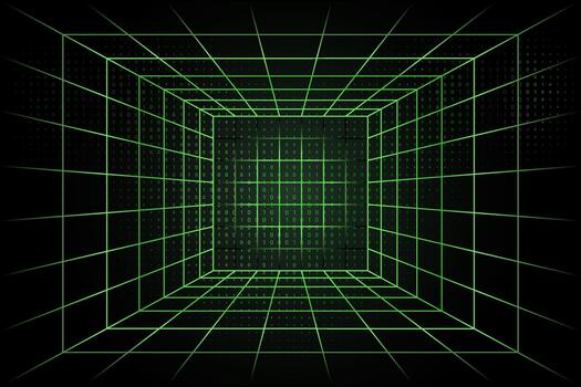 Matrix inspired wireframe room with digital binary code perspective background vector