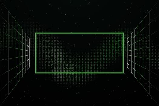 Matrix inspired glowing rectangle with digital binary code and wireframe perspective background vector