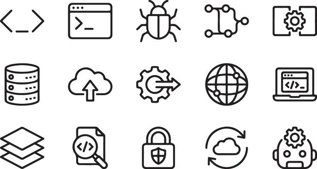 Software development and programming linear icon set, coding. vector