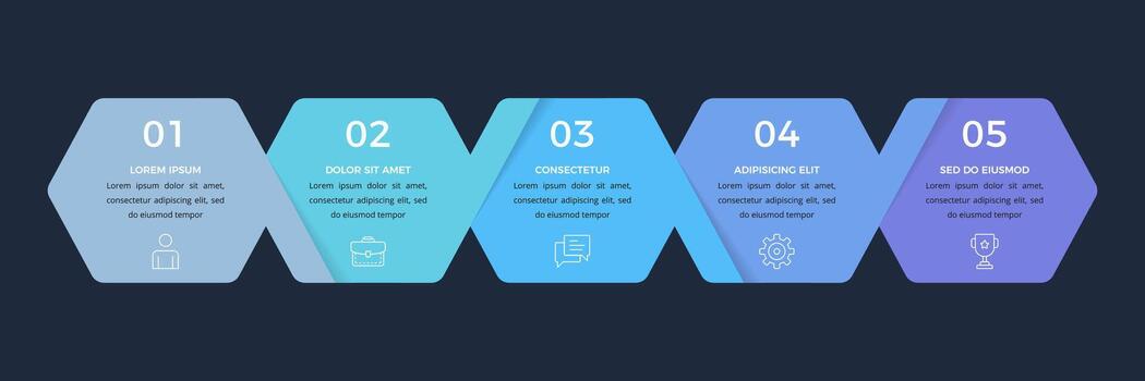 infografía modelo presentando un horizontal diseño con cinco hexagonal elementos, oscuro antecedentes vector