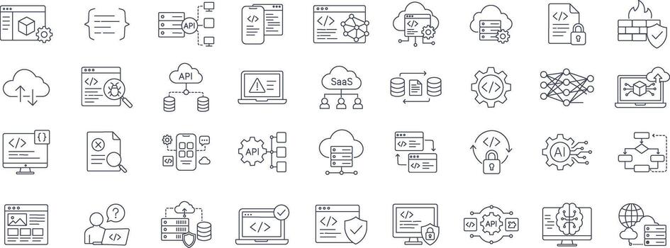 Software Development API and Cloud Computing Thin Line Icons Set vector
