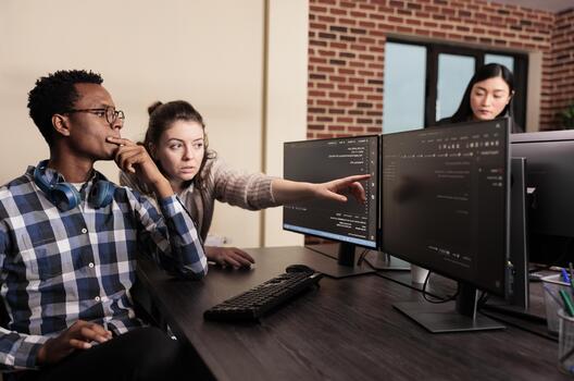 software desarrollador puntos a base de datos guión en un terminal ventana mientras preguntando un descifrador para ayuda con html código en un datos habitación, con desarrollador trabajo en equipo, fuente código revisar. foto