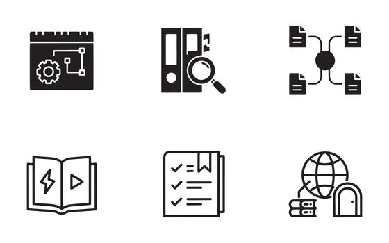 Knowledge Documentation Workflow Solid And Outline Icon Set Bundle vector
