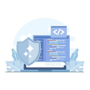 Artificial intelligence coding concept with secure code generation, smart programming assistant, developer workflow optimization, software security, cybersecurity practices, and software development. vector