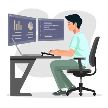 Software Engineer Coding and Analyzing Data at Work Desk vector