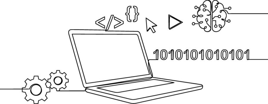 Laptop computer with coding and binary code, continuous line vector