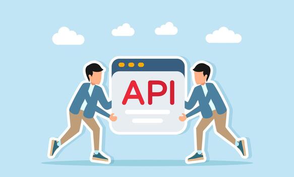 Two Men Teamwork Lifting API Application Interface Illustration Collaboration Building Application Programming Interface System vector