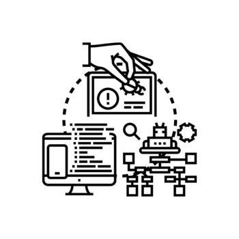 Hand debugging software on tablet screen with code vector