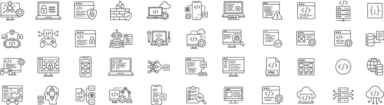 Web Development and Software Coding Line Icon Set vector