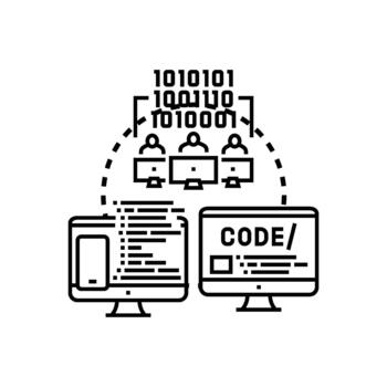 computadora programador trabajando con código en equipo concepto vector