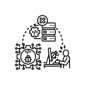 Debugging system error, software developing and fixing process vector