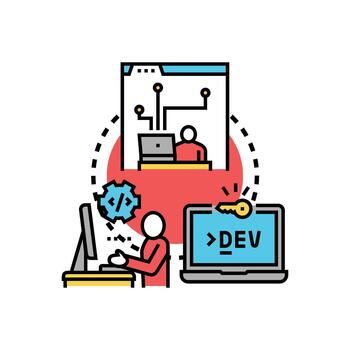 Developer managing software repository and coding process vector