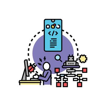 Developer resolving software bugs and programming failures vector