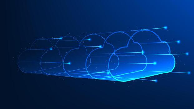 Cloud computing technology multi-layered cloud structure connected by digital data lines, representing cloud infrastructure, data connectivity, distributed computing, cloud storage vector