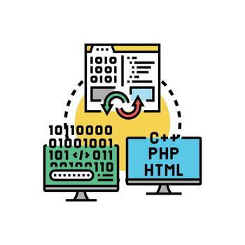 diversity stylized Software programming language development process with coding screens vector