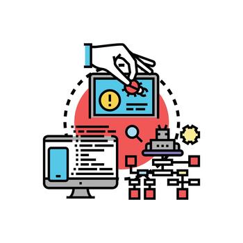 Hand mix debugging software on tablet screen with code vector