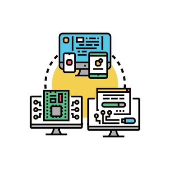 Software version release developing update across devices set vector