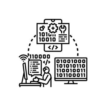 Developer creating software series coding programming language system styles vector