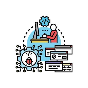 Programmer working on code testing variations debugging process designs vector