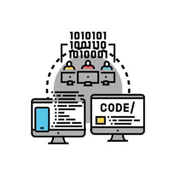 computadora programador variaciones trabajando con código equipo multiestilo concepto vector
