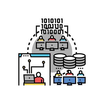 Developers creating software code compiling data stylized vector