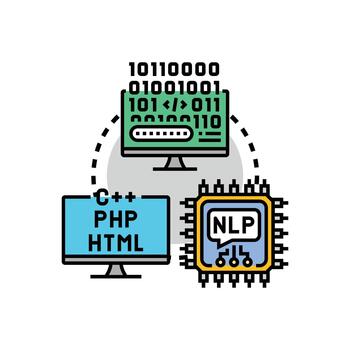 Computer set code language development process. programming evolution vector