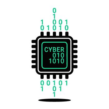 Cybersecurity Processor Icon with Binary Code Flow, Representing Digital Data and Network Protection vector