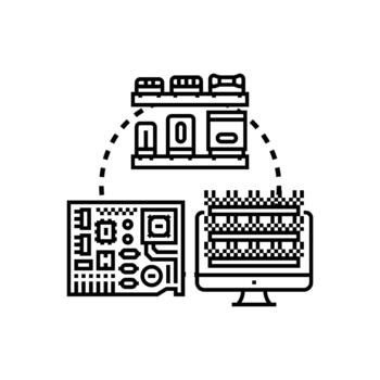 Computer components assembling and connecting technology system vector