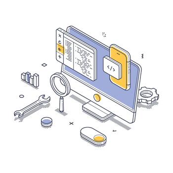 software pruebas codificación programación información tecnología concepto isométrica línea vector