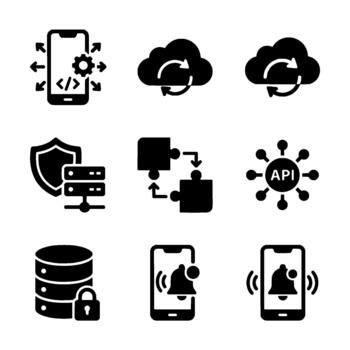 black solid icons for cloud computing mobile development and data security vector