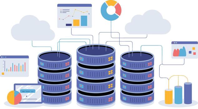 Data center server infrastructure with cloud computing analytics and digital dashboard visualization vector