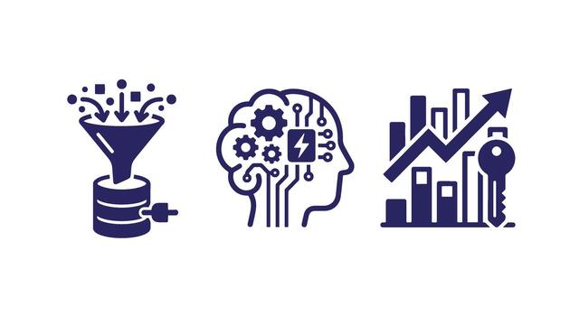 Data processing and artificial intelligence analysis icons with processing intelligence analysis algorithm business optimization database information strategy analytics vector
