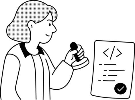 Developer inspecting a source-code document with an approval checklist. vector